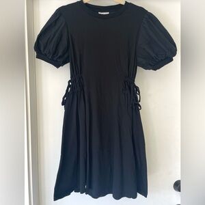 Topshop cotton jersey and poplin puff sleeve midi dress, gathered tie waist, 8